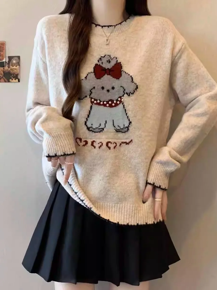 

Chic Knitted Long Sve Women's Sweater with Cute Dog Design Autumn Winter plus Size Korean Sle Faionable Anti-Aging Top