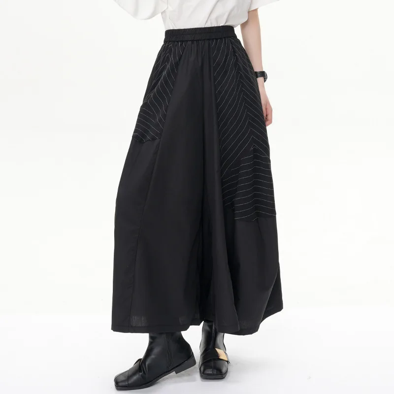 SuperAen Original Design Women Asymmetrical Black Loose-fitting Wide-leg Pants Summer Elastic Waist Oversize Ankle-length Pants