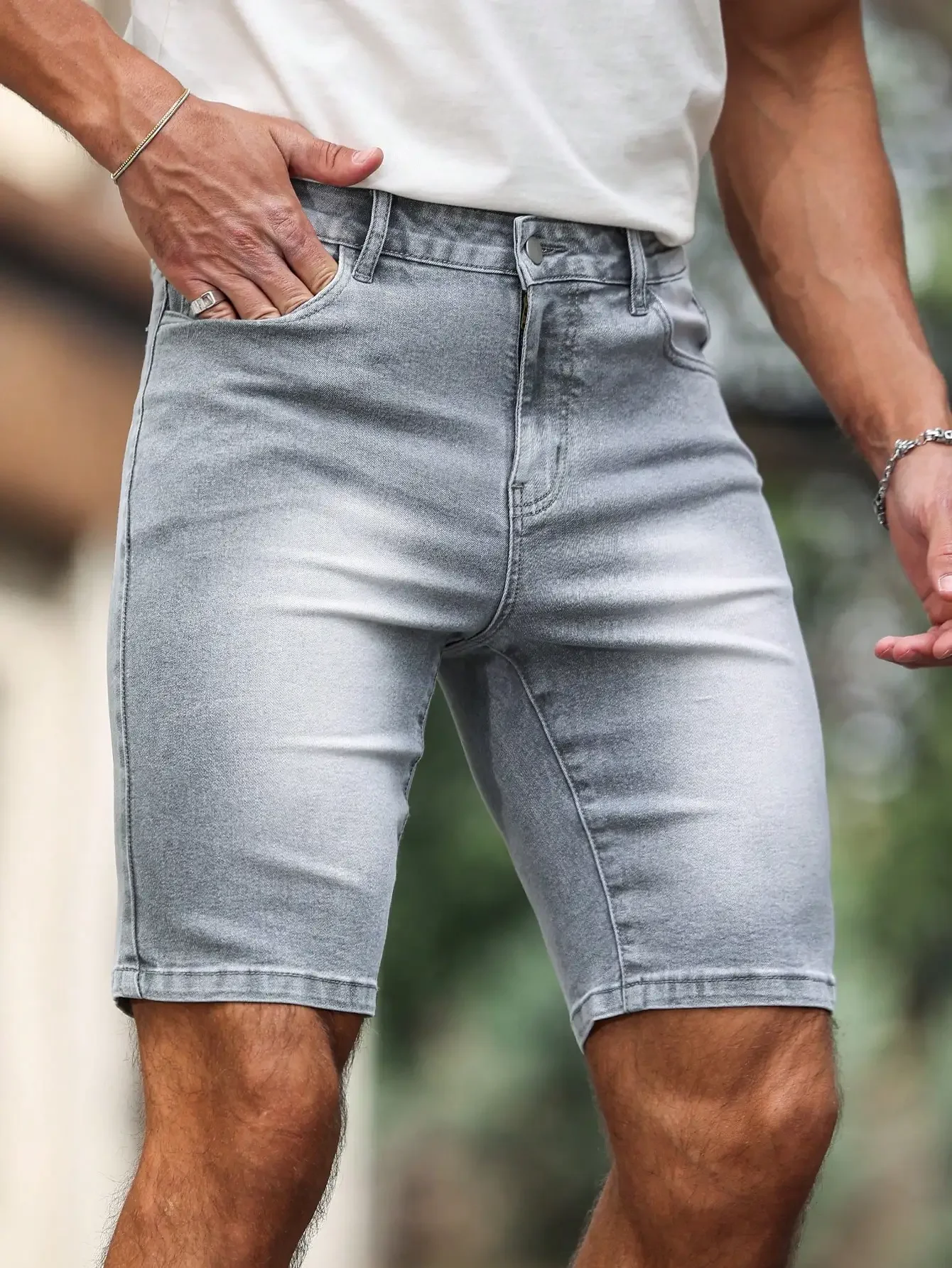 Pop Men's Summer Denim Shorts. Gray Skinny Shorts. For Daily Leisure. Versatile And Simple. Fashionable And Trendy.