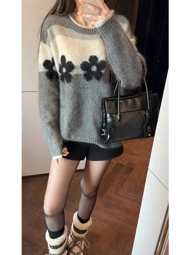 

Винтажный шерстяной вязаный свитер Mimius с контрастными цветами и цветочным узором, женский, свободного кроя, модный дизайн, зимняя одежда высокого качества