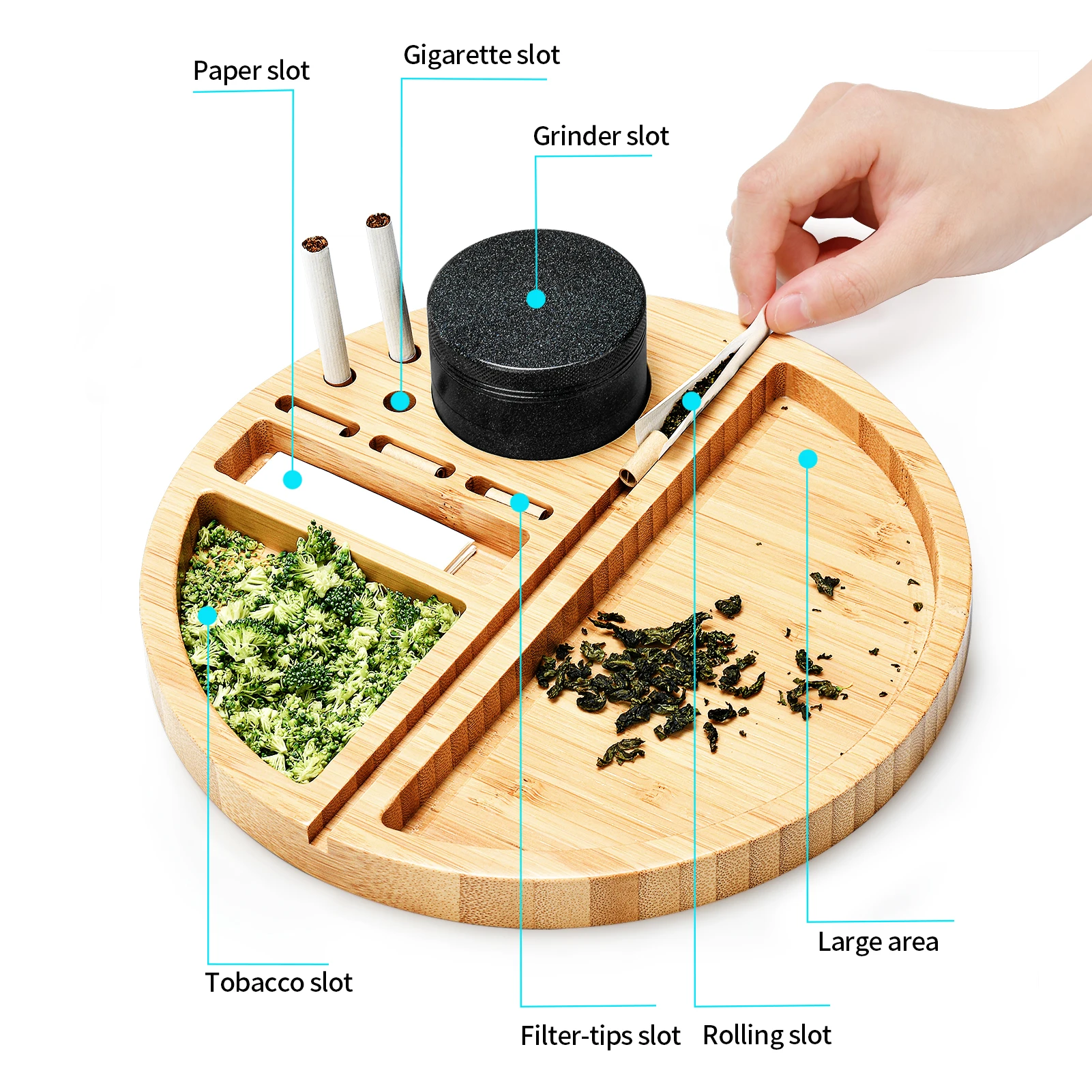 Natural Bamboo Rolling Tray Durable Large Smoke Tray with Rolling Paper Grinder Tobacco Filter-Tips Slot