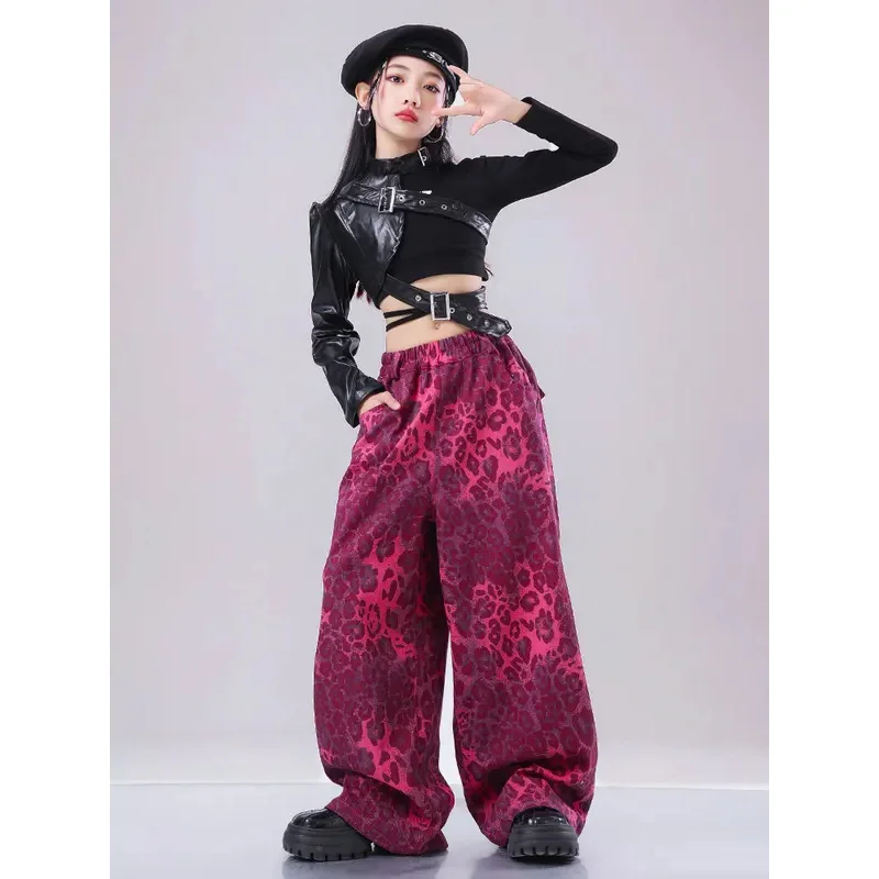 Ropa de actuación de baile de Jazz, trajes umbilicales, ropa de ensayo de pasarela para niñas, conjunto de pantalones cortos con estampado de leopardo rosa de 6 a 16 años
