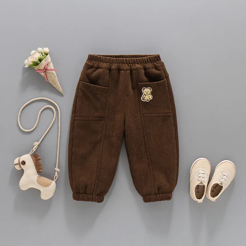 2024 Ins Autumn Winter Kids Baby Boys Trousers Cartoon Bear Fleece Thickened Warm Children Boys Jogger Pants Toddler Boys Pants