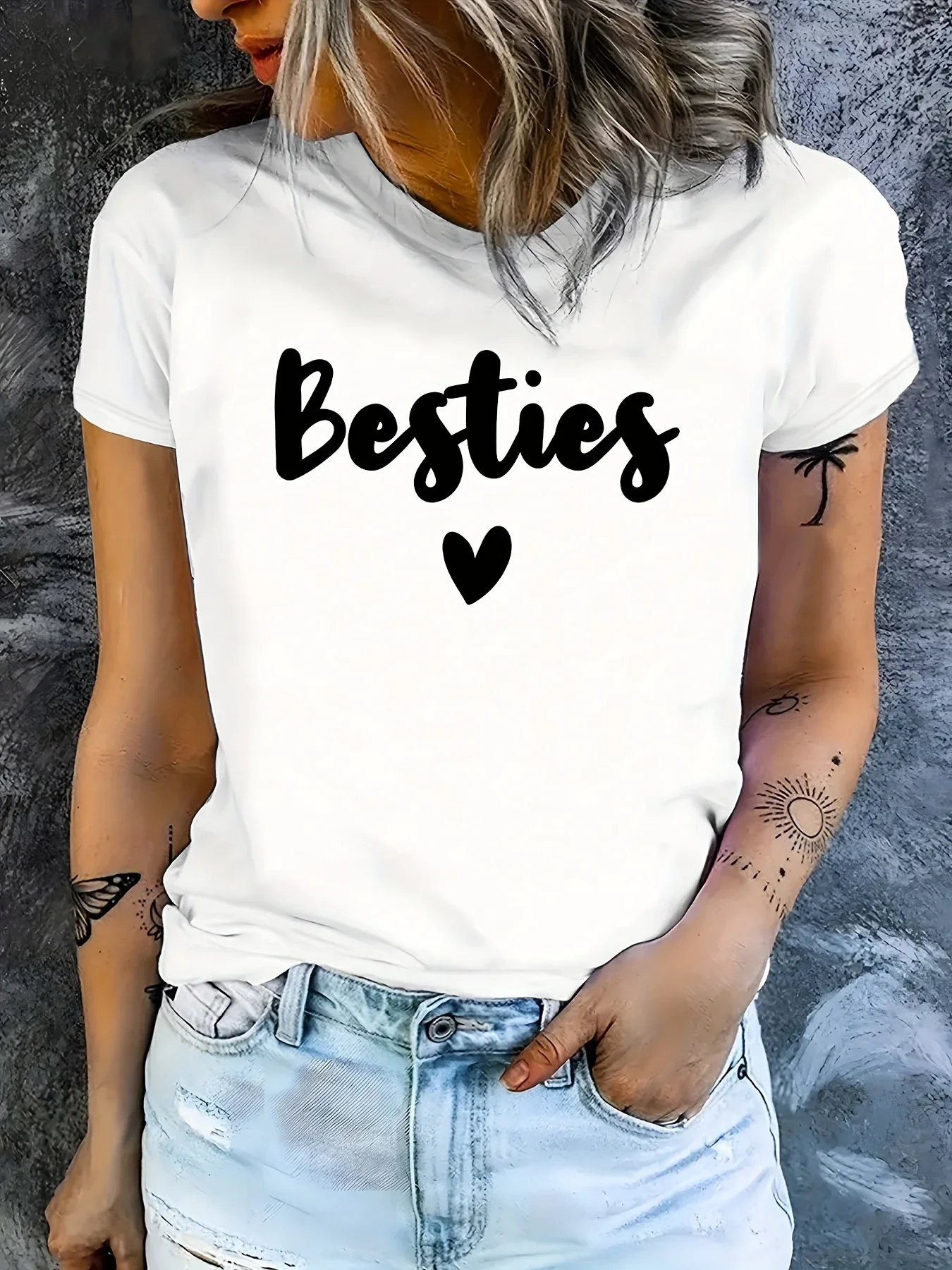 

Summer with Heart Design Vibrant Coral Regular Spring & Summer Comfortable Women's Besties Letter Print Casual Sleeve Crew