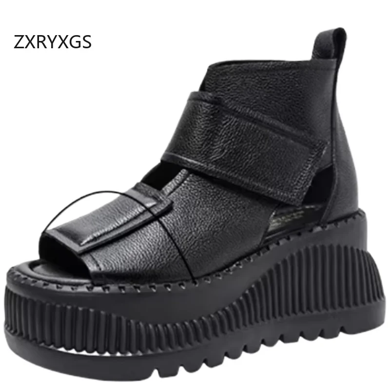 

ZXRYXGS 2026 New Top Layer Cowhide Fish Mouth Boots Platform Wedges Sandals Heighten Boots Fashion Elegant Women Summer Boots