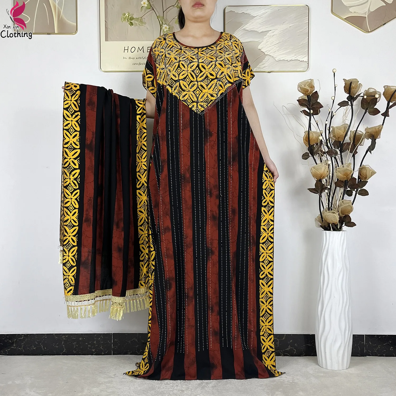 2026 New Muslim Women Short Sleeve Dresses With Big Scarf Dashiki Stripe Print Dress African Abaya Summer Loose Islam Clothing