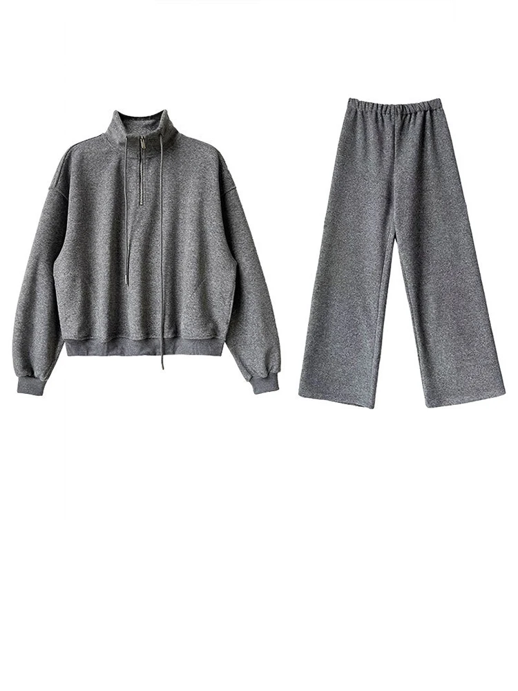 [EAM] Big Size Sweatshirt Wide Leg Pants Two Piece Suit New Stand Collar Long Sleeve Women Fashion Spring Autumn 2024 1DH7799