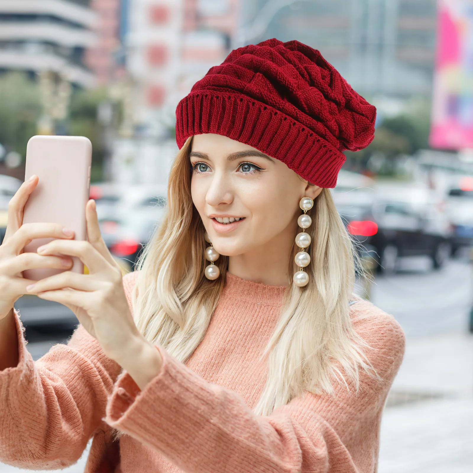 

Fashion Women Winter Beret Knitted Hat Red Stylish Warmer Cap Cold Protection Outdoor Hiking Stylish Warmer Cap