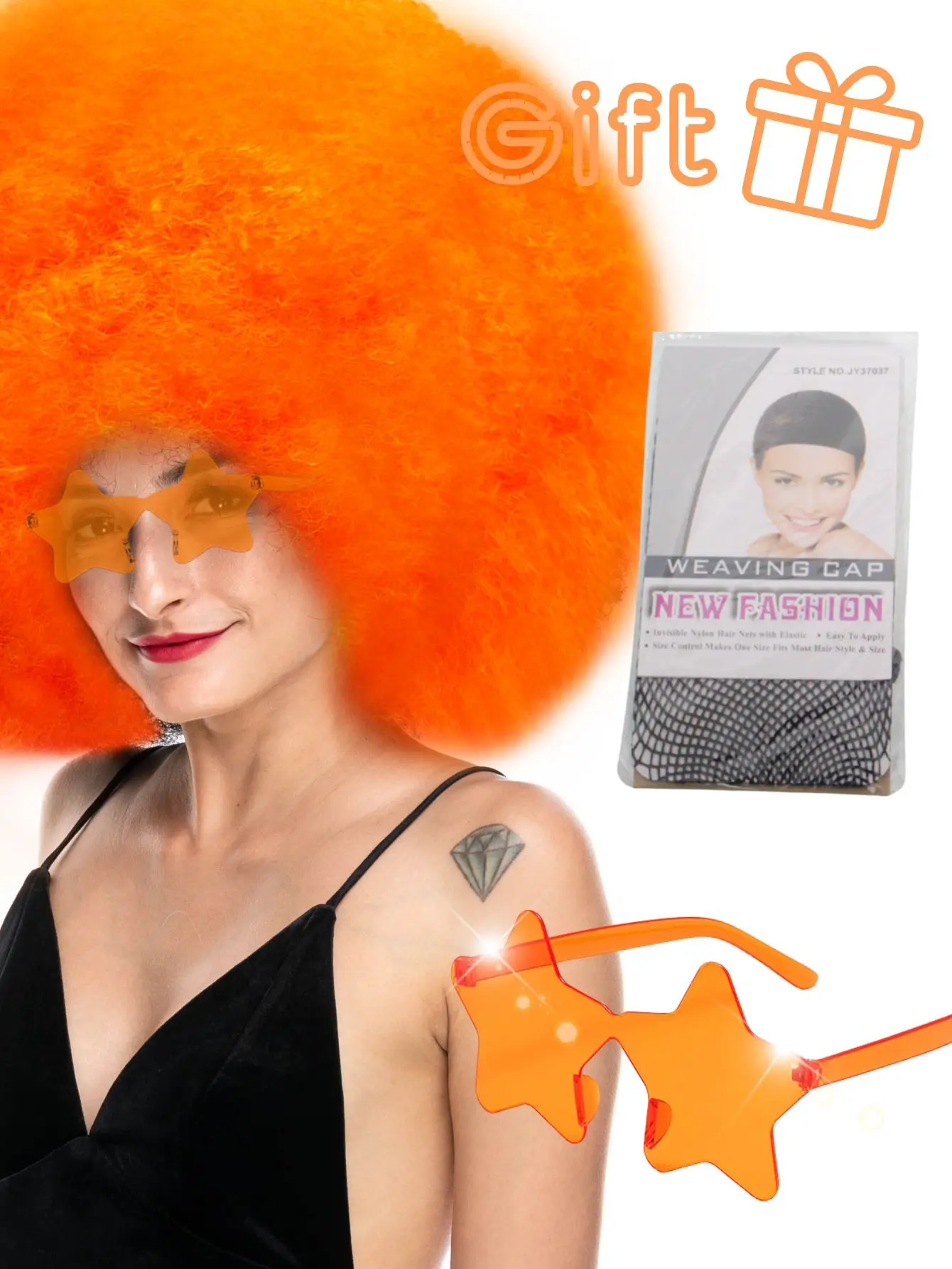 Oversized pluizig krullend haar pruik meerkleurig hittebestendig synthetische vezel met plus bril voor feest
