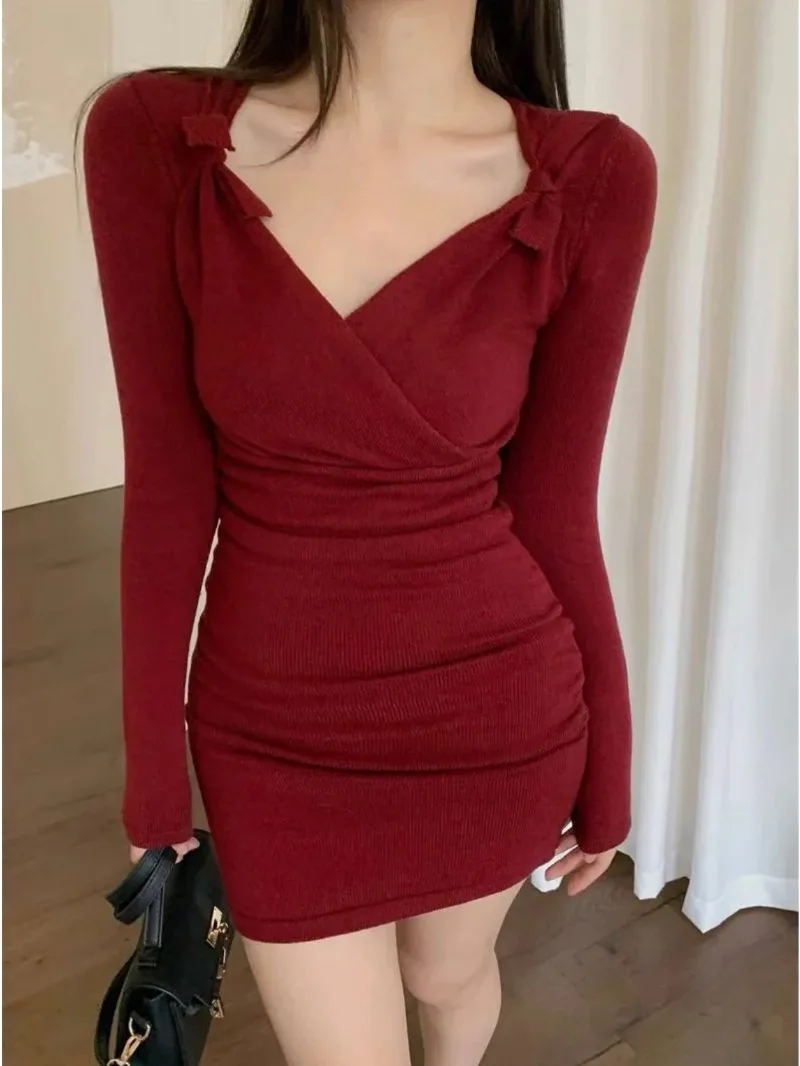 MiiiiX Casual Style Waist Sexy Short Dress Women Bottoming Shirt 2024 Autumn New Bow Cross Knitted Sheath Dress Female Clothes