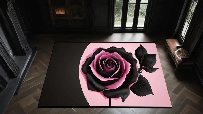 

Black and Pink Color Carpet Rose Living Room Bedroom Fully Covered Large Rug Entrance Anti Slip Door Mat Home Decoration