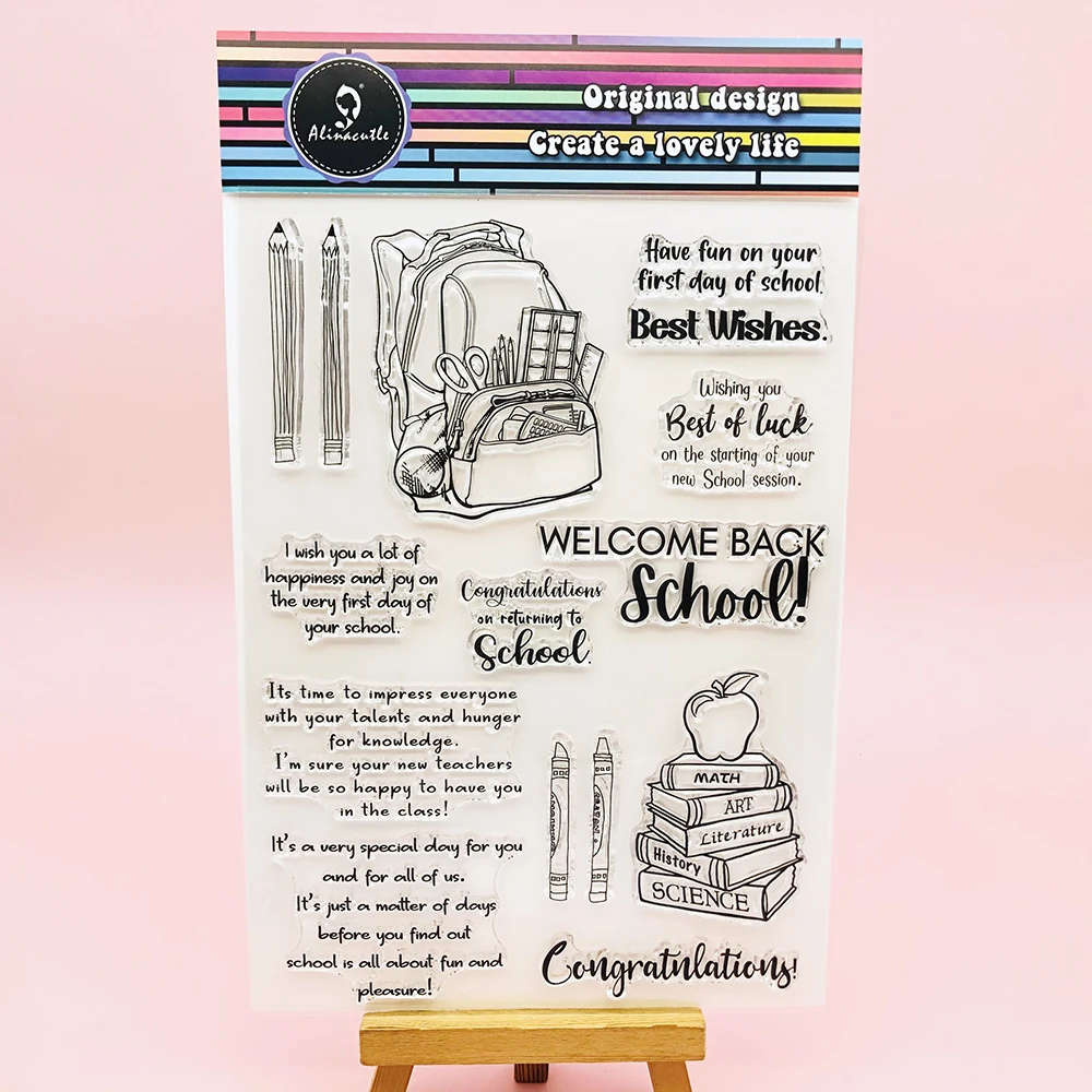 Alinacutle Clear Stamps Back to School Schoolbag Books Dies Cut Scrapbooking Paper Craft  Metal Cutting Dies Transparent Stamps