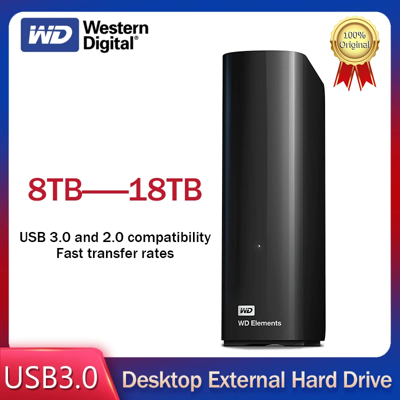 Western Digita WD 8TB 10TB 12TB 14TB 16TB 18TB Elements Desktop External Hard Drive USB 3.0 For Plug-and-play storage For PC Mac