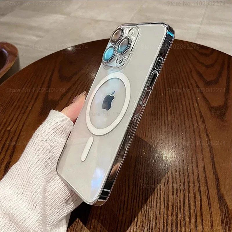 iPhone 16 15 14 13 12 11 Pro Max Plus 마그네틱 케이스 용 고급 Magsafe 클리어 케이스 무선 충전 충격 방지 커버 액세서리