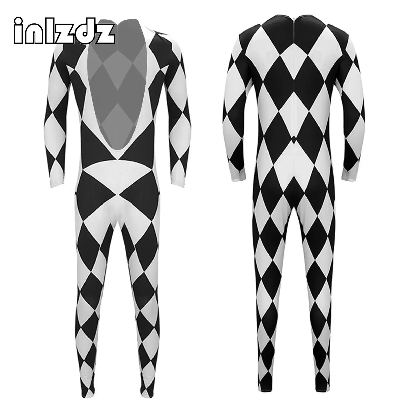 

New Mens Hallowee Harlequin Singer Cosplay Jumpsuit Deep V Neck Long Sleeve Leggings One-piece Bodysuit Rompers for Themed Party