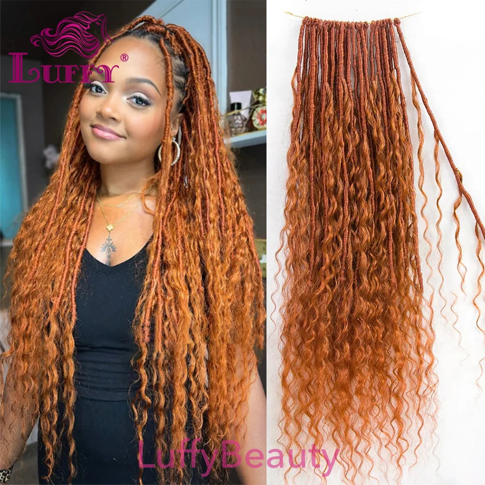 Pre Looped 350 Solid Ginger Crochet Boho Locs With Human Hair Curls Knotless Hair Faux Deadlocks Deep Wave Hair Extensions