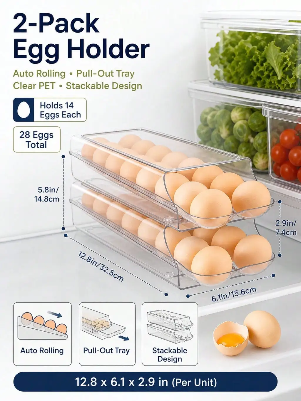 2-Pack Clear Automatic Rolling Egg Holder, Stackable Fridge Drawer Organizer, 28 Eggs Total, Compact Refrigerator Solution