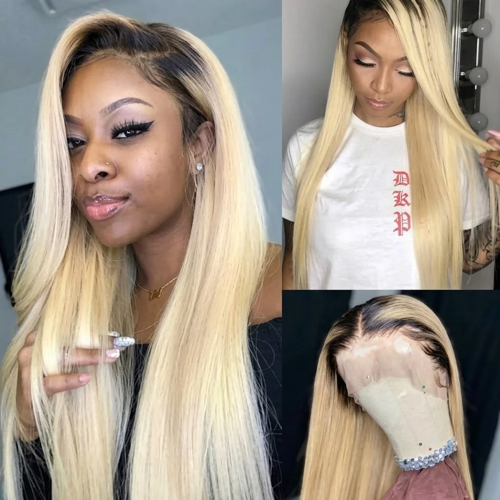Bone Straight 1B 613 Colored Human Hair Wigs 13x6 Transparent Lace Frontal Wig Body Wave Ombre Honey Blonde Human Hair Wig Original Brazilian Hair Wigs Pre-plucked with Baby Hair