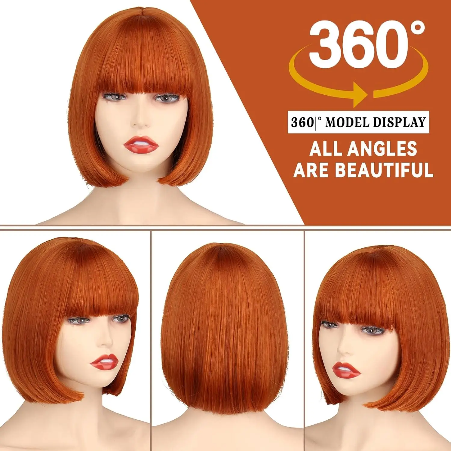 Short Ginger Bob Wig for Women Ginger Bob Wigs with Bangs Straight Ginger Wig Natural Synthetic for Cosplay Party Halloween