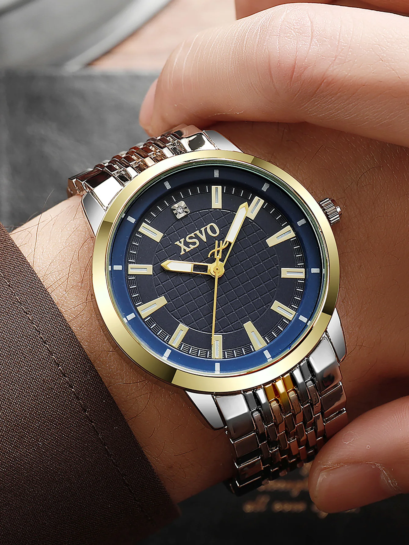 

Элитные мужские деловые наручные часы, золотистый/двухцветный браслет из нержавеющей стали, синий циферблат, классические кварцевые часы для джентльменов, идеальный подарок