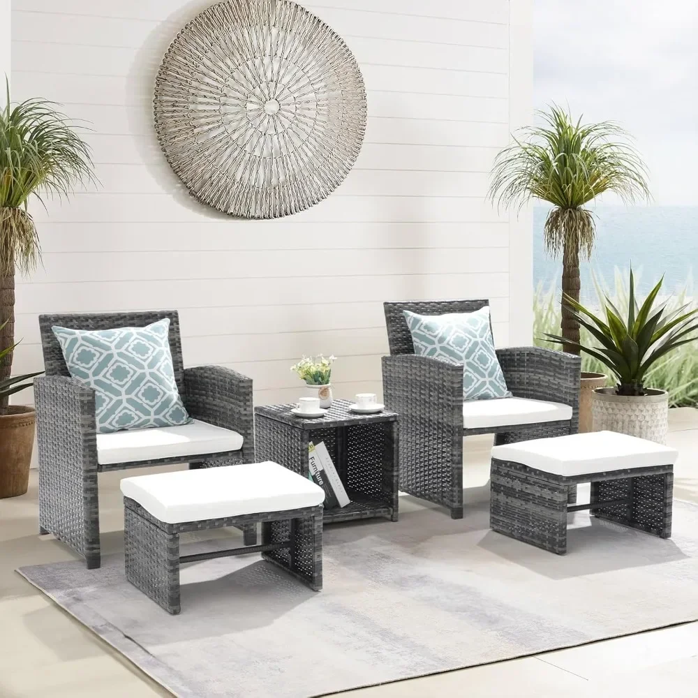 Casual Patio Furniture Set, Wicker Outdoor Conversation Chair and Ottoman Set with Coffee Table, Pillows Included