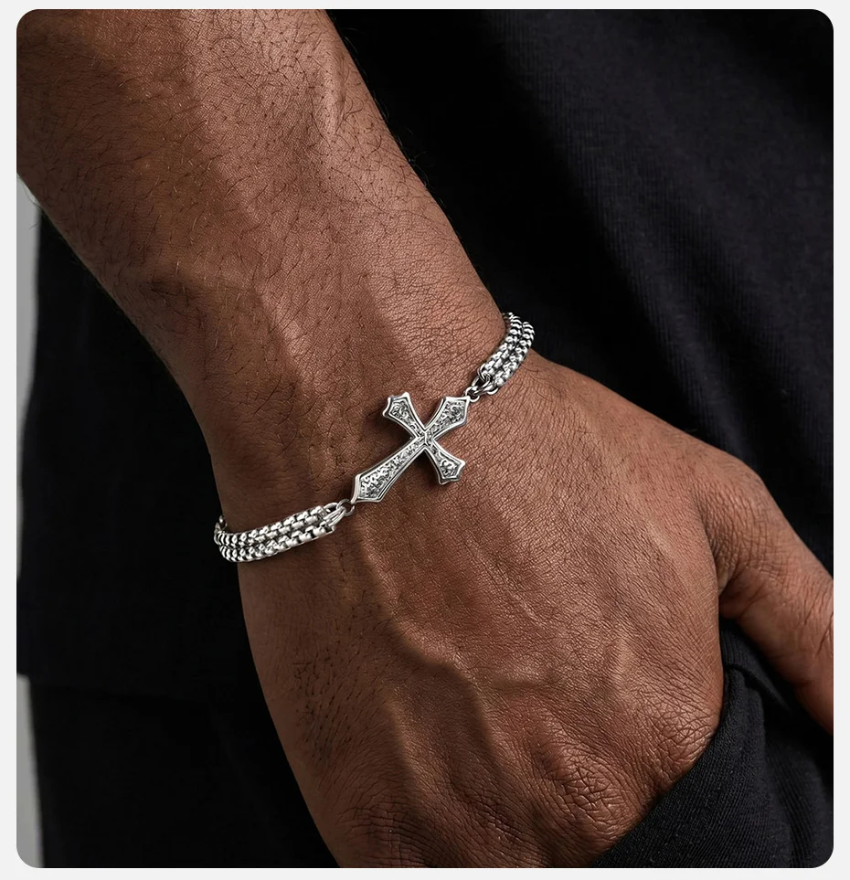 Vnox Edelstahl-Kreuz-Ankh-Charm-Armband für Männer und Frauen, kubanische Box-Kette, verstellbar 18–23 cm, gotischer religiöser Schmuck, Geschenk – Detail 3