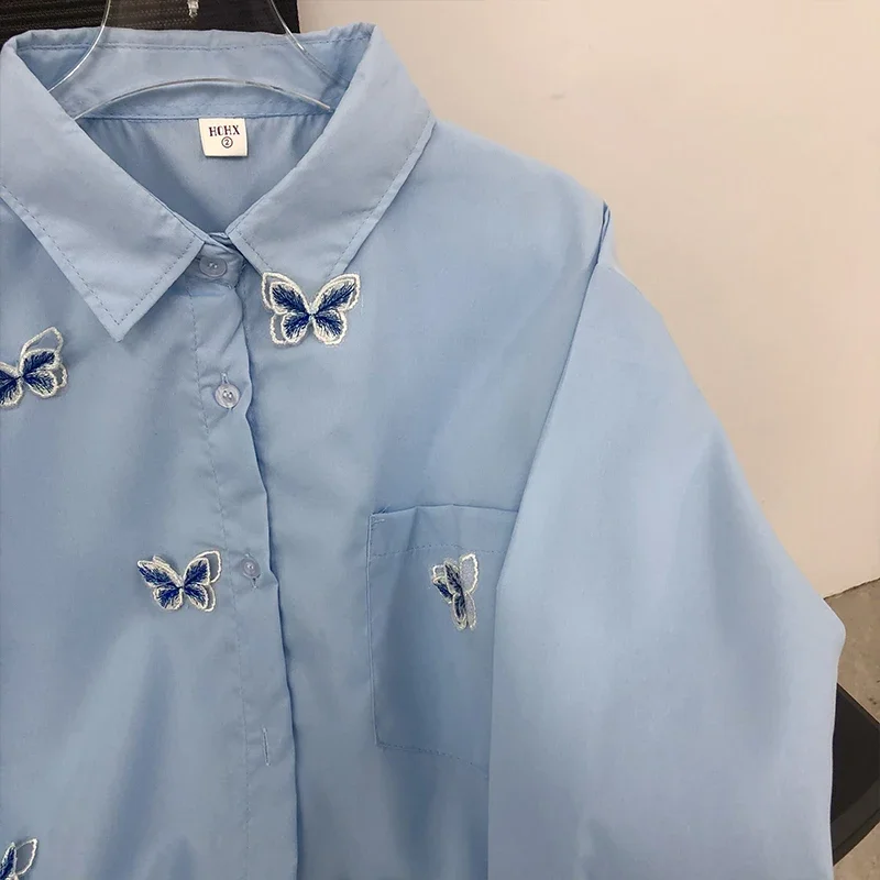 EBAIHUI Women Shirts Long Sleeve Butterfly Embroidered Blouses Spring Lapel Temperament Solid Female Blusas Basic Outwear Top