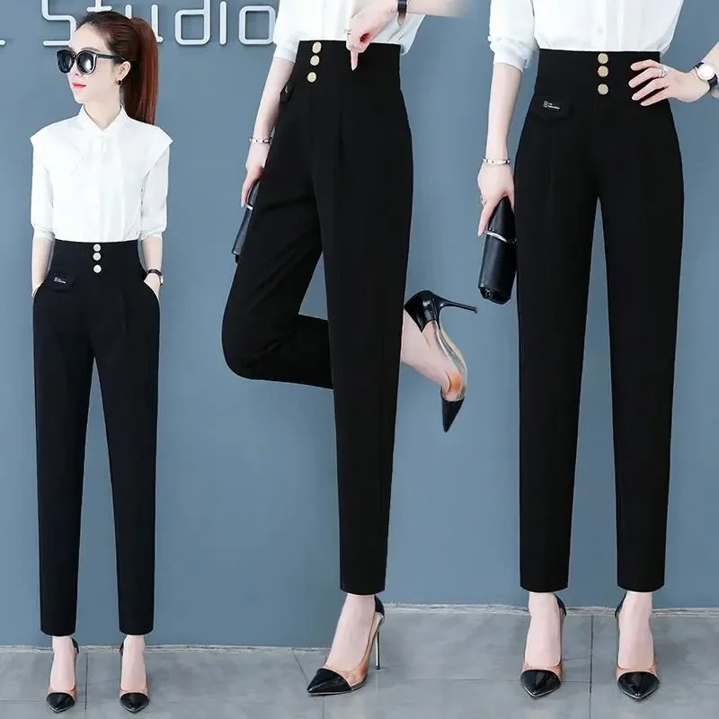 Pantalones de traje Vintage para mujer, novedad de primavera y verano 2021, pantalones bombachos finos de cintura alta, pantalones rectos informales, pantalones para mujer