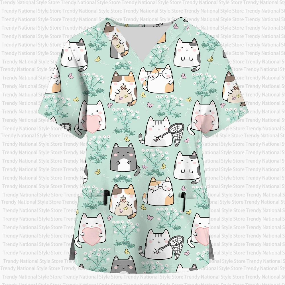 New Women's Cartoon Cat Print Work Uniform Nurse Uniform Top V-neck Short Sleeve Medical Work Uniform Top with Pockets
