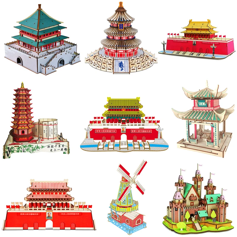 3D Wooden House Chinese Traditional Puzzle Wood Building DIY Model Kits Game Assembly Desktop Toys Gift For Children Kids Adult