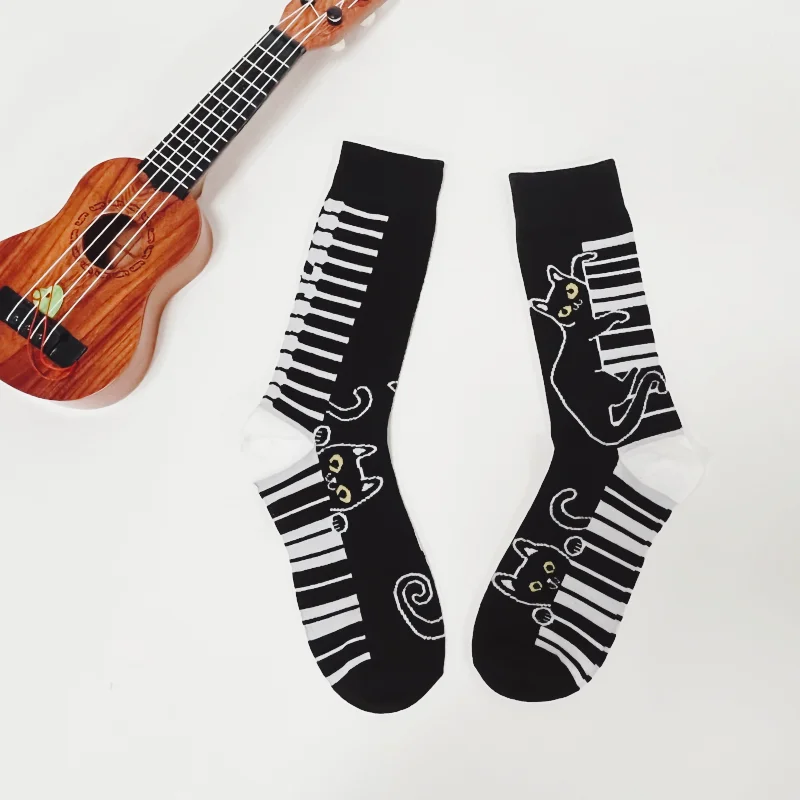 1 Pair Piano Cat Personalized Fashion AB style Men\'s Mid-Calf Socks Suit In All Seasons For Everyday