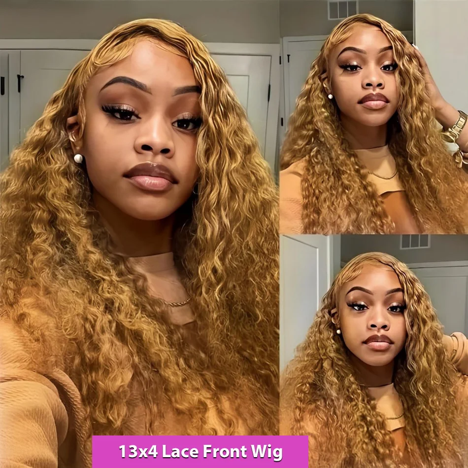 27# Honey Blonde Curly Human Hair Wig 13X6 HD Transparent Lace Frontal Pre Plucked Wig 13x4 30 36 Inch Lace Front Colored Wigs image 3