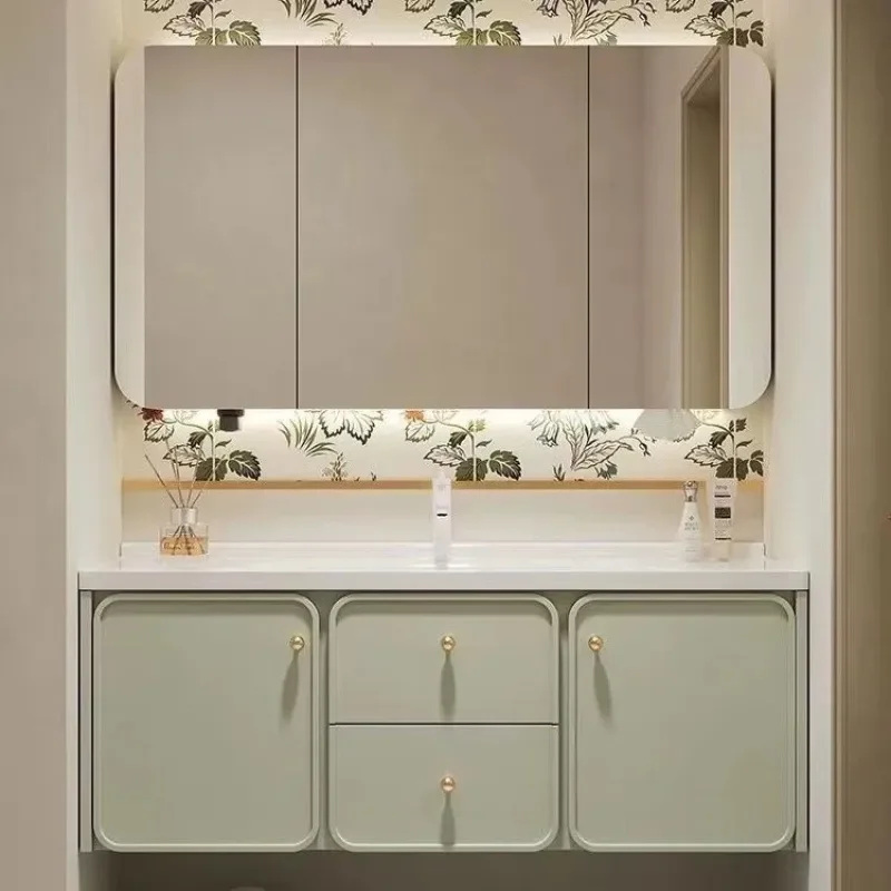 for French Cream Pastoral Bathroom Cabinet with Washbasin Ambient Light Mirror Integrated Beauty Rack Ceramic Integrated