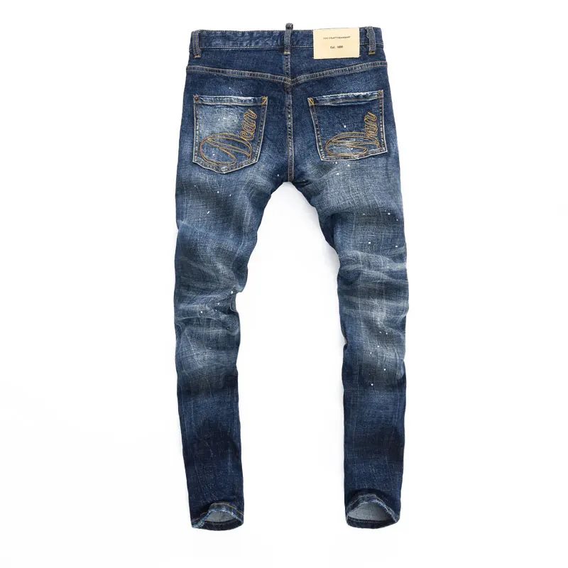 Streetwear Fashion Men Jeans Retro Blue Stretch Slim Fit Painted Ripped Jeans Men Embroidery Designer Hip Hop Brand Pants Hombre