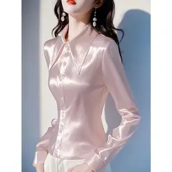 Solid Color Satin Blouse Women Clothing 2025 Spring New Fashion Corset Simplicity Elegant Shirts Turn-down Collar Formal Top Tee