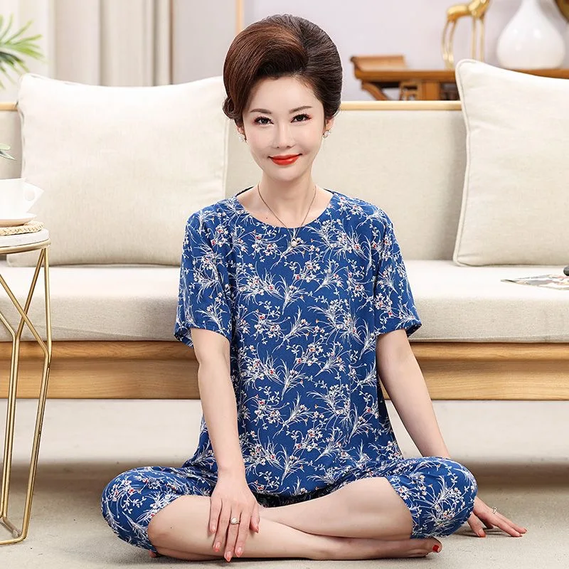 Summer Pajamas Set Round Neck Grandma Short Sleeve Sleepwear T-shirt Women's Home Clothes Pijama Feminino Plus Size Two-piece