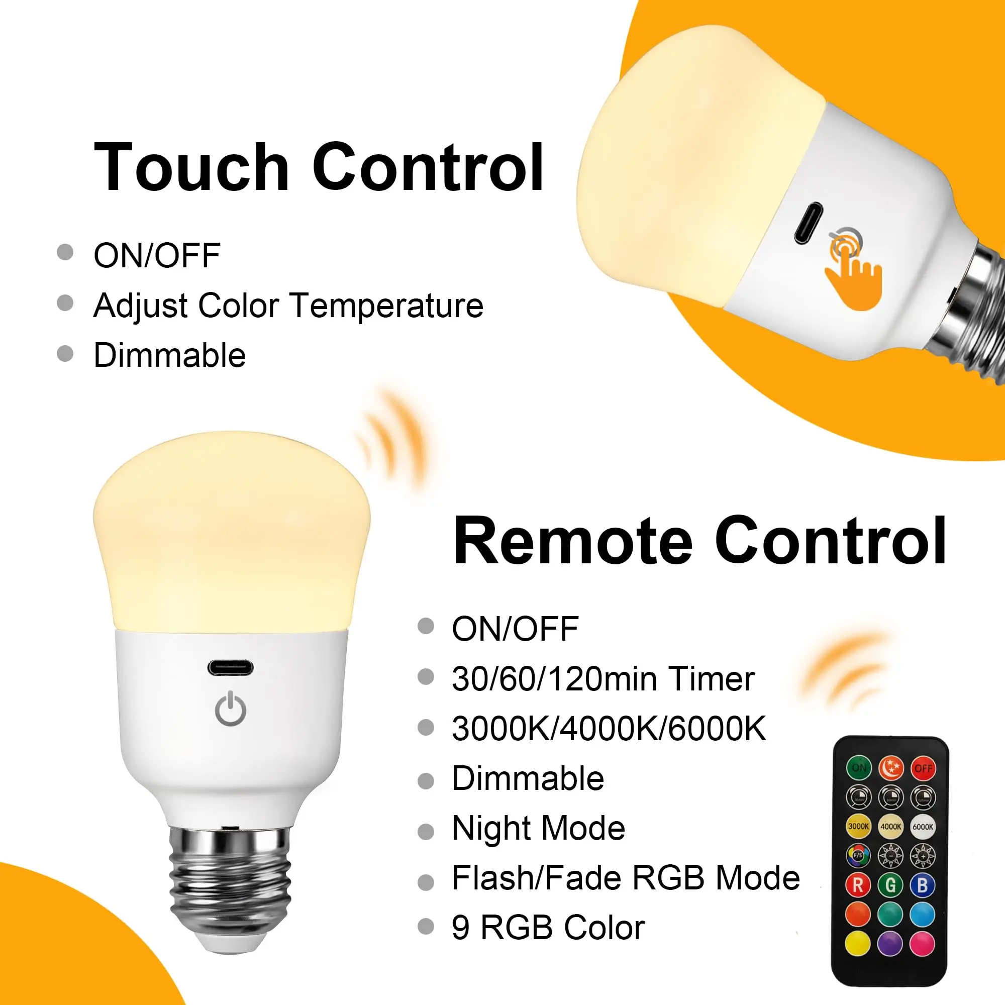 7W Rechargeable bulb with remote control, battery powered LED bulb, home or outdoor emergency light, 3-color RGB, timer, 2 pack