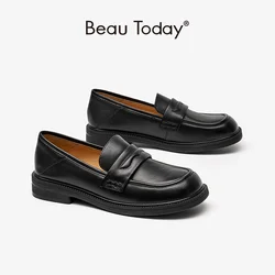 BeauToday Penny Loafers Women Genuine Cow Leather Round Toe Slip On Sewing Design Ladies Comfortable Flats Handmade 26085