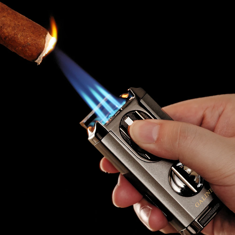 GALINER 3 Jet Torch Cigar Lighter WIth V Cut Metal Butane Gas Torch Lighters Cigar Accessories Portable