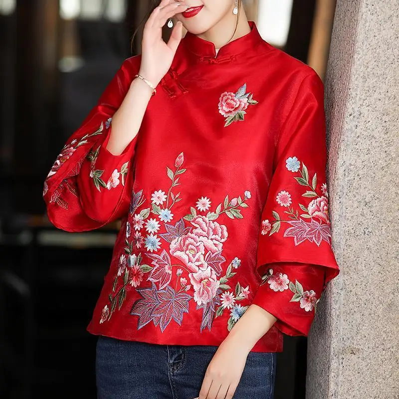 Elegant Loose Blouse New Spring and Autumn Ethnic Style Tang Suit Coat Retro Embroidery Button Chinese Top Women\'s Top