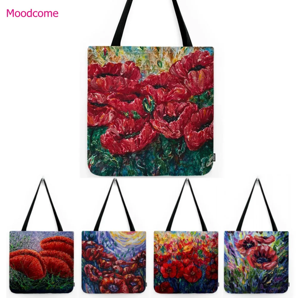 Red Poppies Flower Oil Painting Floral Water Resistant Cotton Linen Grocery Shopping Bag Large Shoulder Tote Bag