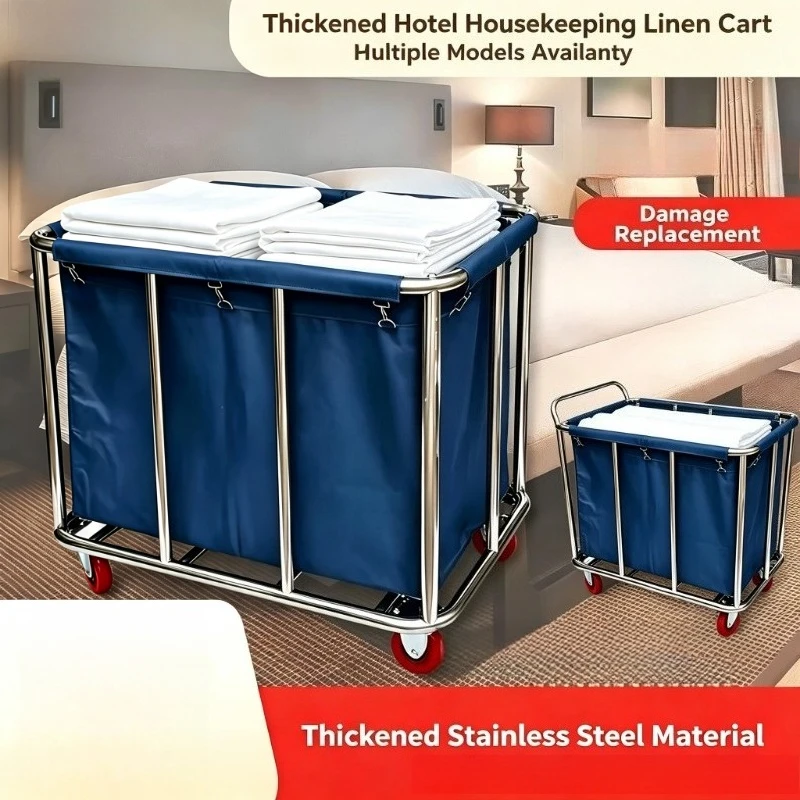 stainless-steel-housekeeping-linen-trolley-detachable-oxford-fabric-bag-mute-wheel-hotel-laundry-cleaning-transport-cart