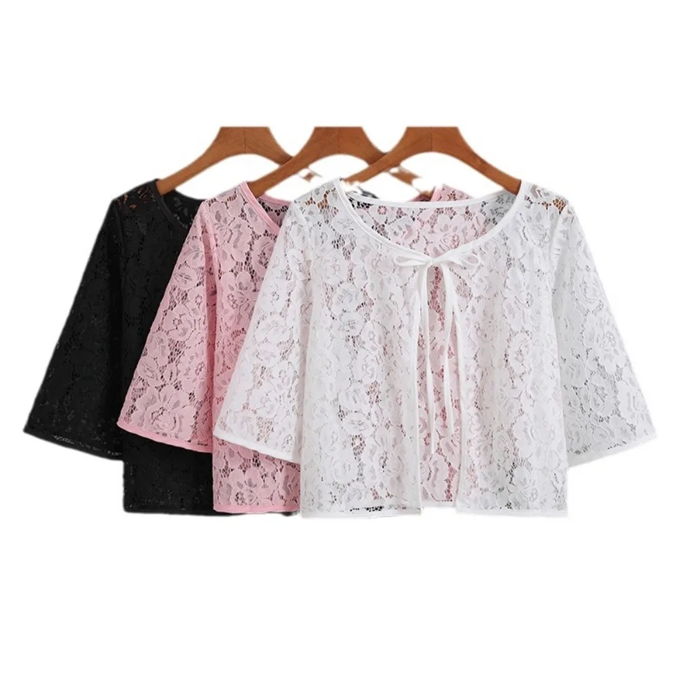 

Flower Mesh Small Shawl Jacket Transparent Hollow Lace Cardigan Shirt Beachwear Lace Up Sun Protection Cardigan Tops Summer