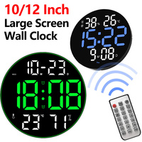 10/12 Inch Large Screen LED Round Wall Clock Humidity Temperature Date Week Display 2-Alarms Digital Clock with Remote Control