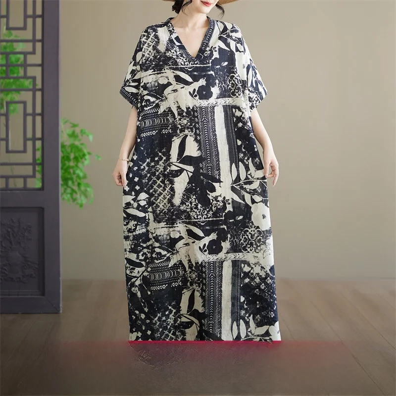 

Loose Cotton Linen Beach Skirt Long V-Neck Women's Robe Artistic Style Summer Dress Thin Material Button out Design City Walk