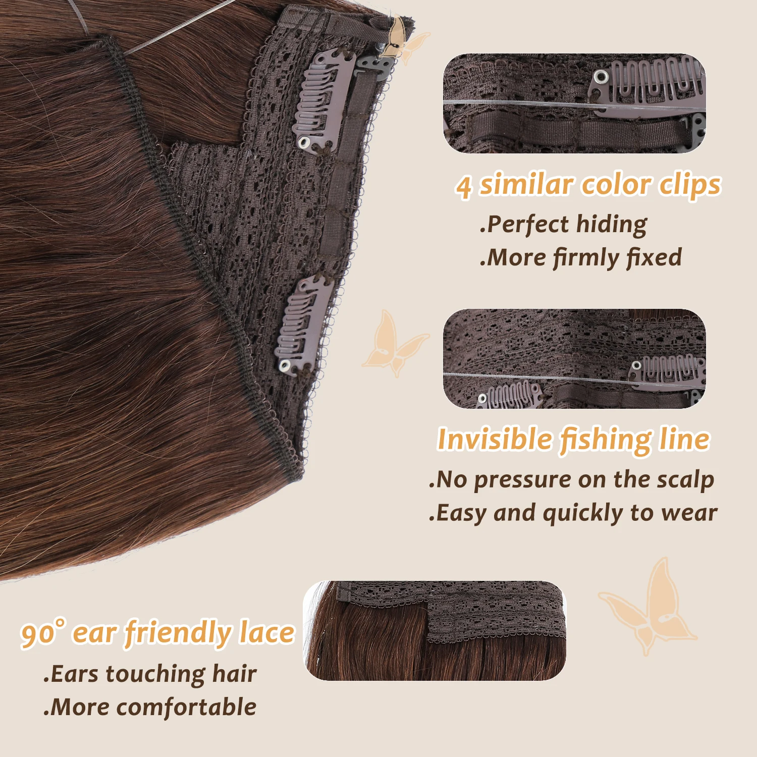Invisible Transparent Wire Human Hair Extensions Straight Remy Fishing Line with 4 Clips 12-18Inch Natural Human Hair Extensions