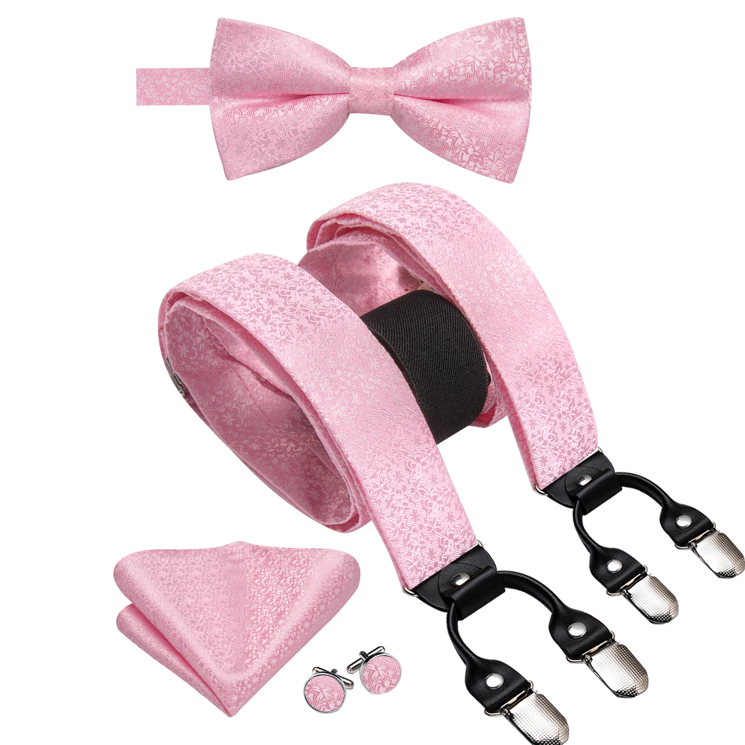 Hi-tie-suspensorio de seda Floral Rosa sólido para hombre, gemelos de pañuelo, Clip ajustable para boda, negocios, venta al por mayor