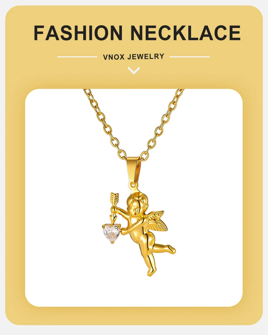 Vnox Goldfarbene Amor-Engel Anhänger Halskette, Edelstahl Herz CZ Stein O-Kette für Männer Frauen, Hip Hop Liebesschmuck Geschenk – Detail 1