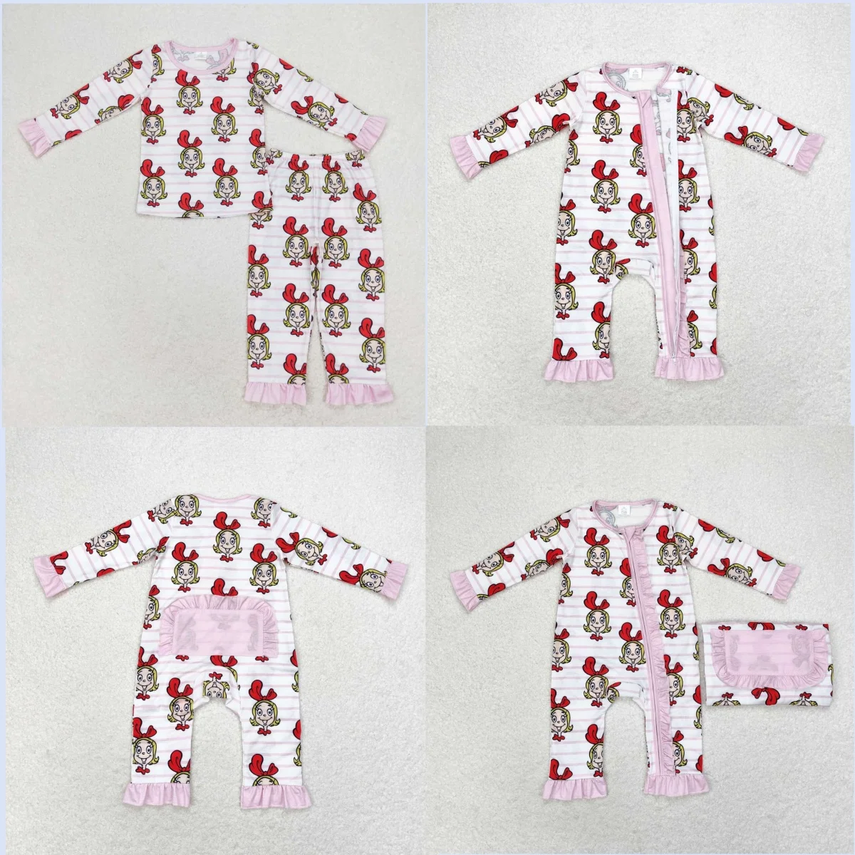 Match Fashion Baby Girls Bamboo Christmas Girls Pink Striped Lace Long Sleeve Long Pants Pajama Set Romper Wholesale Clothes