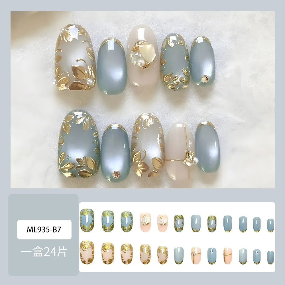 3D feuille d'or pétale presse sur ongles bleu rose oeil de chat strass faux ongles 24 pièces couverture complète colle sur ongles artificiels